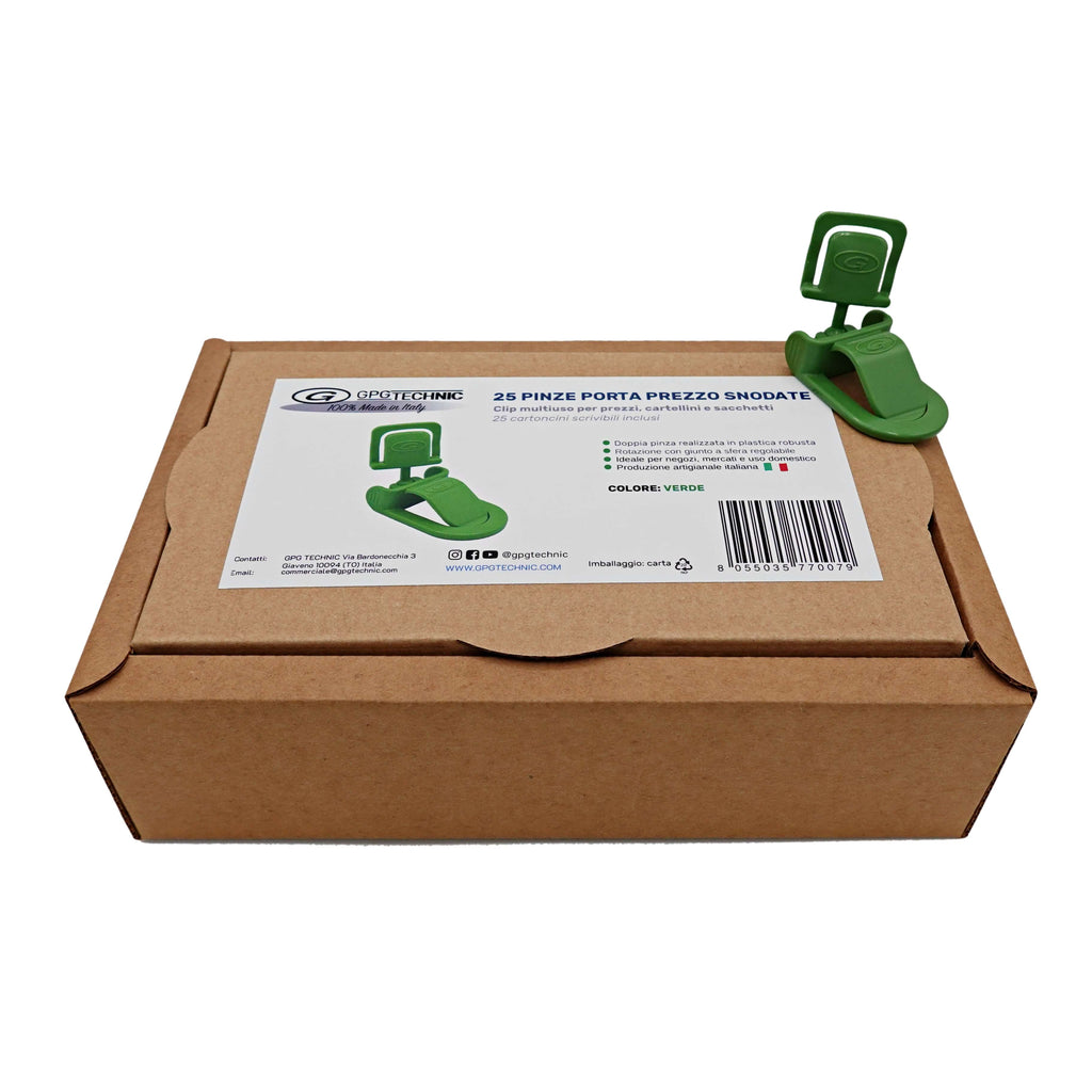 Confezione da 25 pinze portaprezzo snodate con cartellini scrivibili, realizzate artigianalmente in Italia