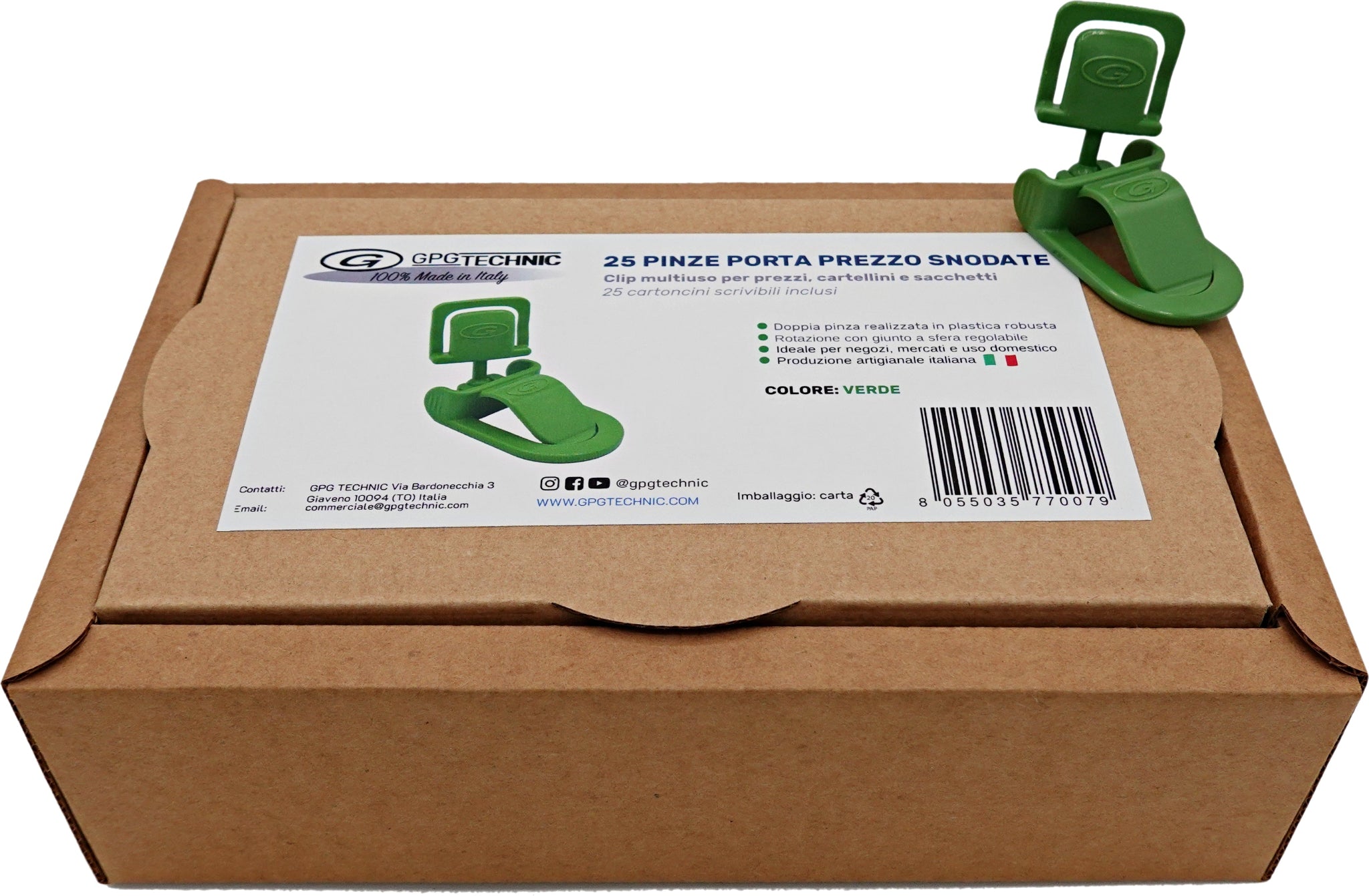 Confezione da 25 pinze portaprezzo snodate con cartellini scrivibili, realizzate artigianalmente in Italia